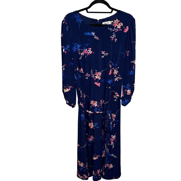 LEliza J's  Floral Navy Blue Puff Sleeve Waist Tie Leg Slit Long Dress Sz 18W - Picture 1 of 12